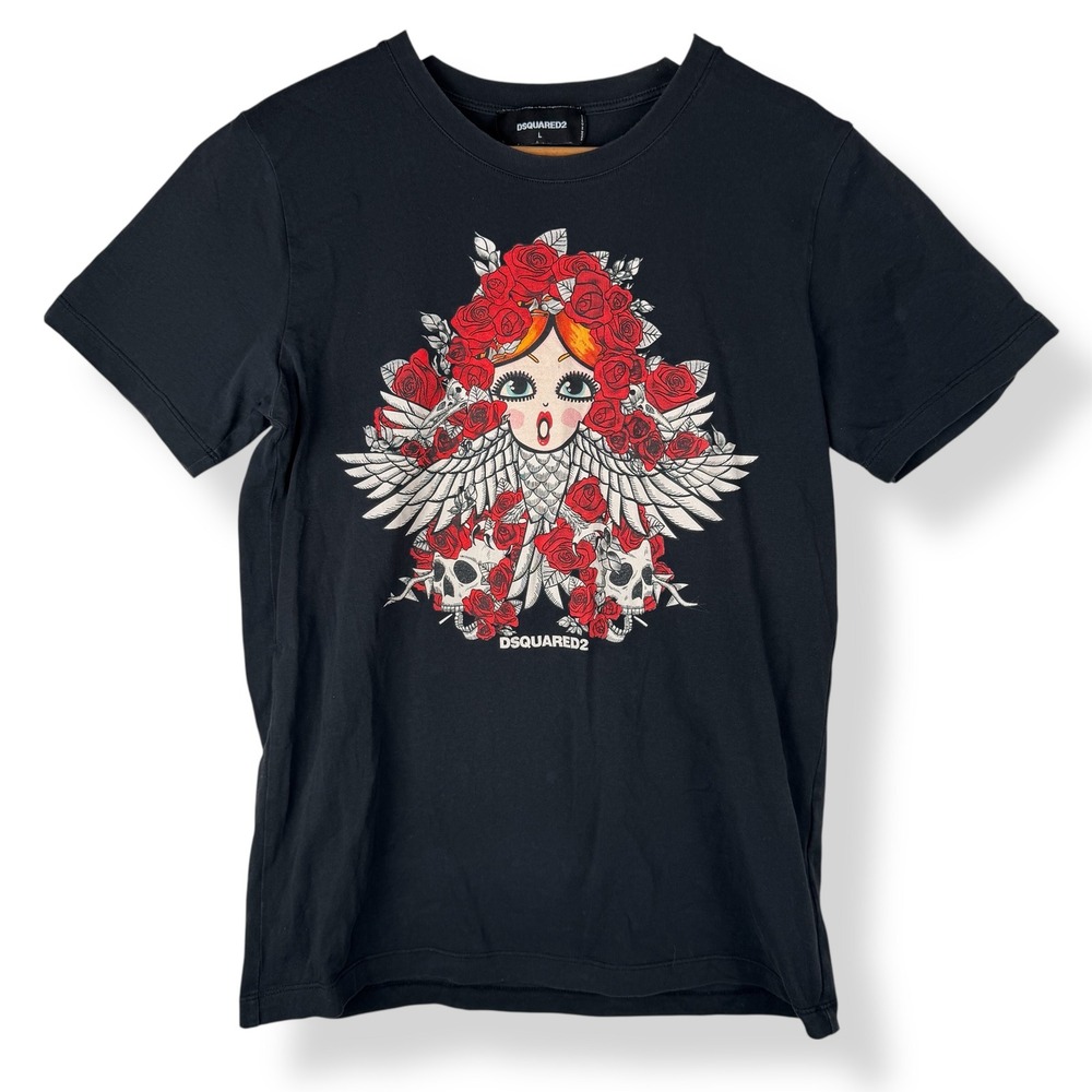 DSQUARED2 Skull Rose Cherub‎ Graphic T Shirt Size Large Slim Fit Luxe Streetwear